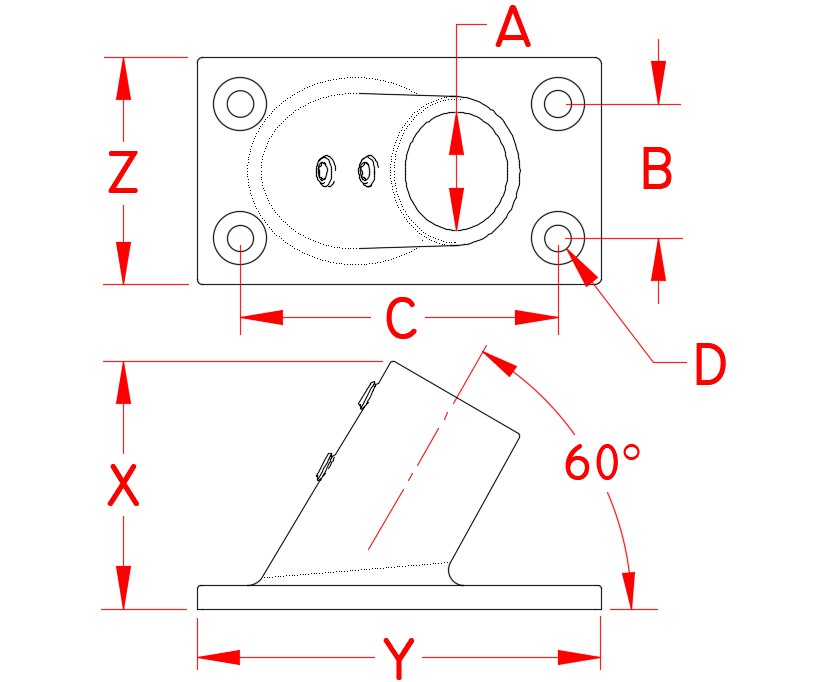 Stainless Steel Rectangular Base - 60 Degree Angle, Railing and Bimini, S3651-0600, S3651-0601, Line Drawing